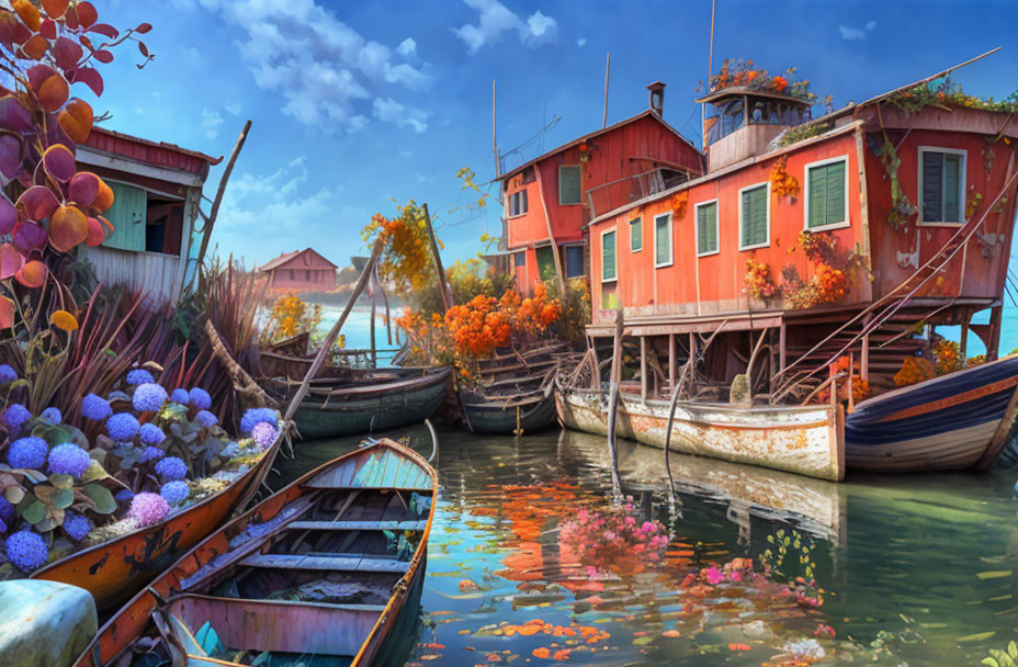 Vibrant stilt houses by tranquil canal with boats and flowers