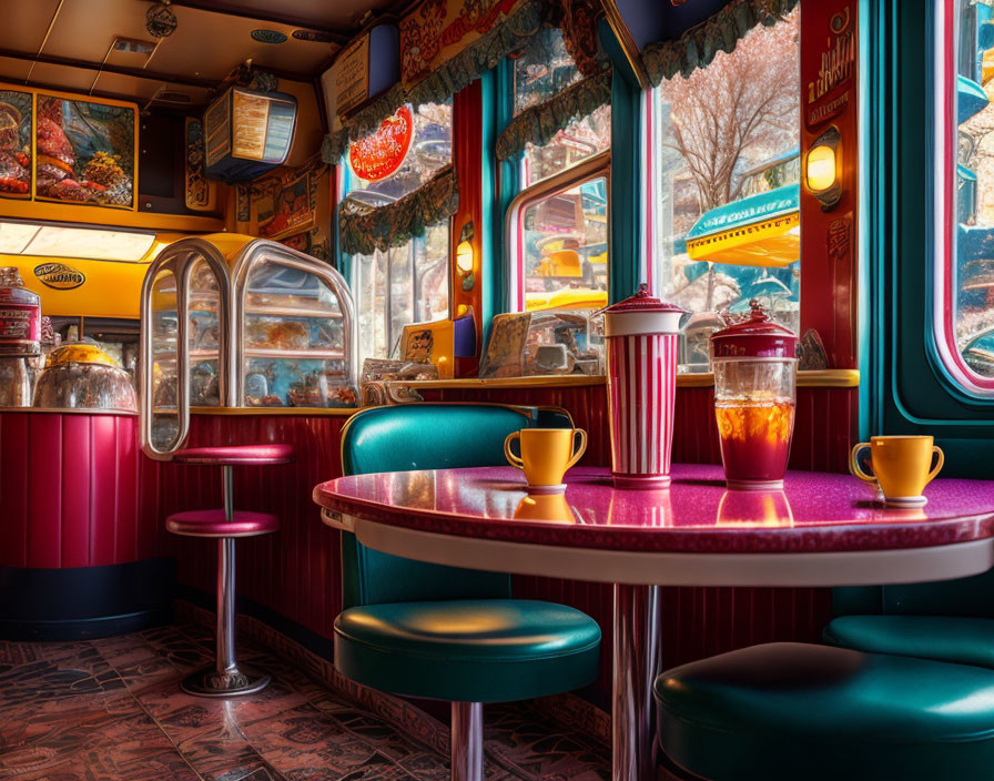 Vibrant Retro Diner Interior with Colorful Decor and Nostalgic Ambiance