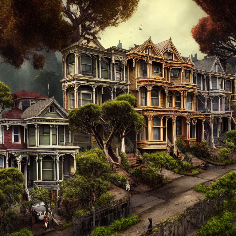 Victorian houses on tree-lined street with fog and pedestrians.