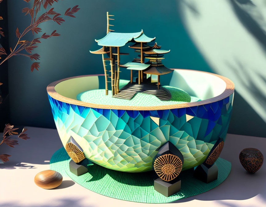 Japanese pagoda miniatures in mosaic-tiled bowl on green mat with decorative objects.