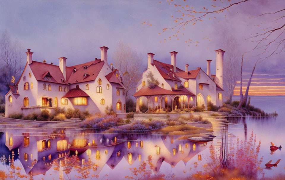 Tranquil lakeside scene at dusk with elegant cottage and autumn foliage