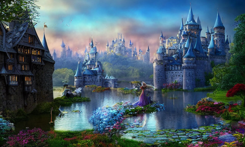 Woman by pond in fantastical landscape with opulent castles, lush greenery, and colorful sky