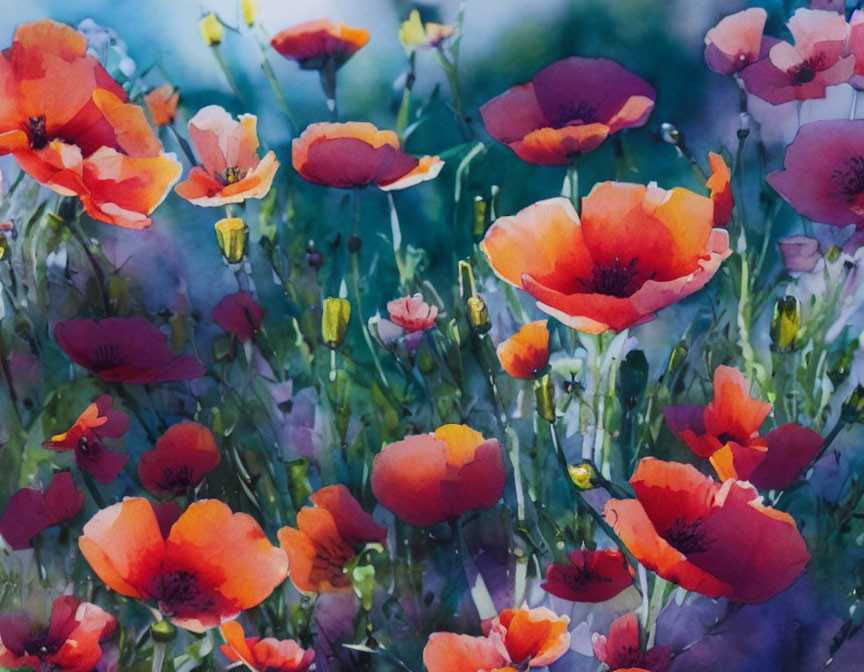 Colorful Watercolor Painting of Red and Orange Poppies on Blue and Green Background