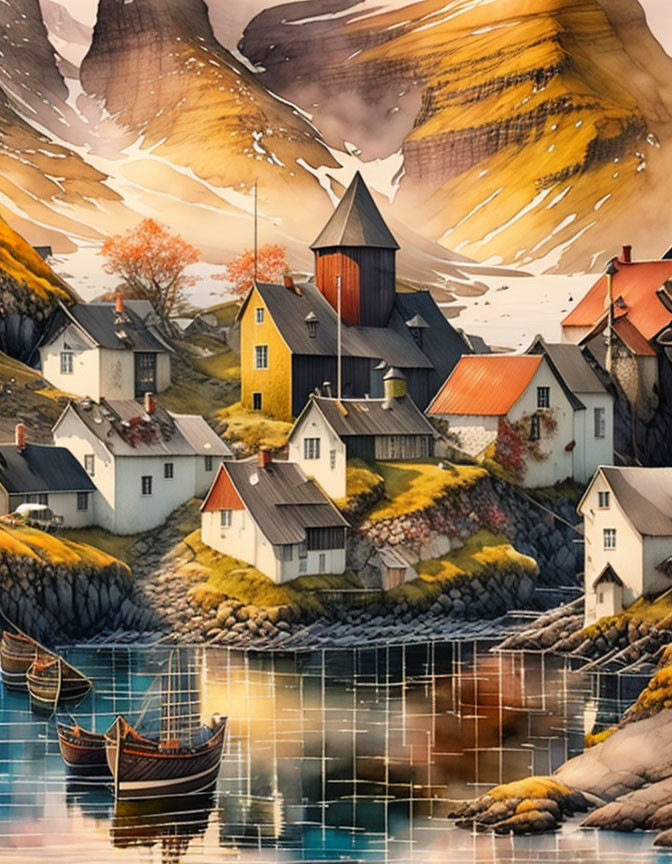 Traditional coastal village with church spire, wooden boats, cliffs, and autumn trees