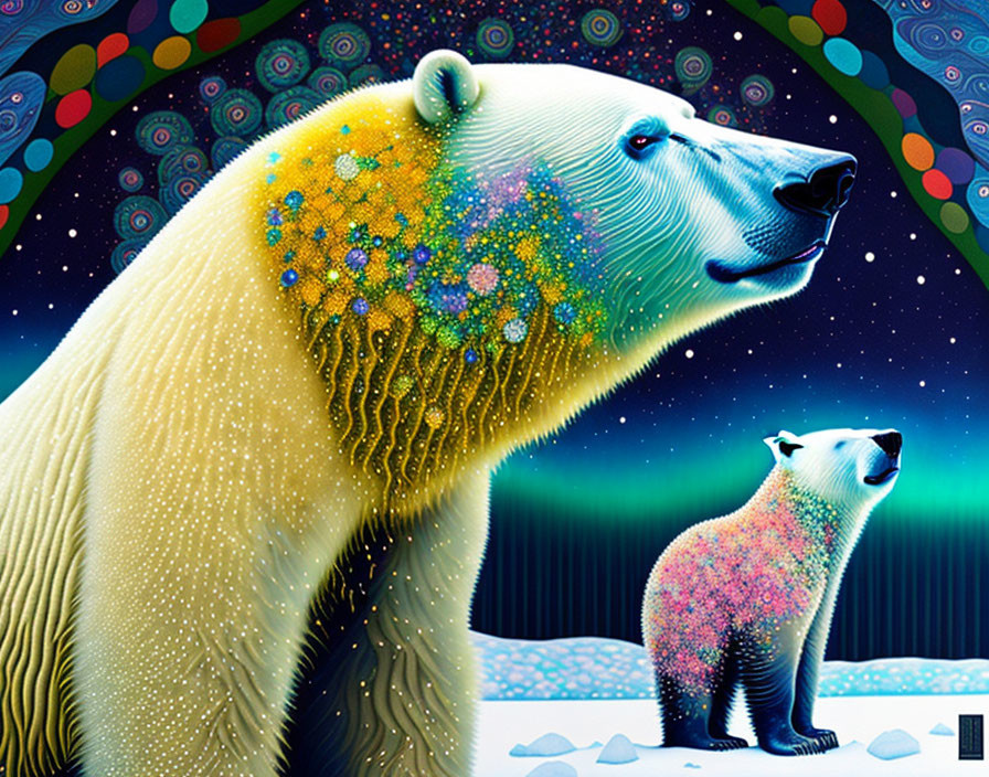 Colorful Polar Bear Artwork with Celestial Pattern and Cub on Starry Background