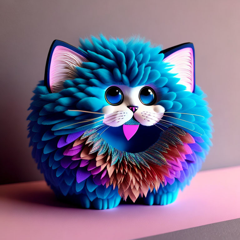 Colorful Stylized Cat Illustration with Layered Fur in Blue, Purple, and Brown