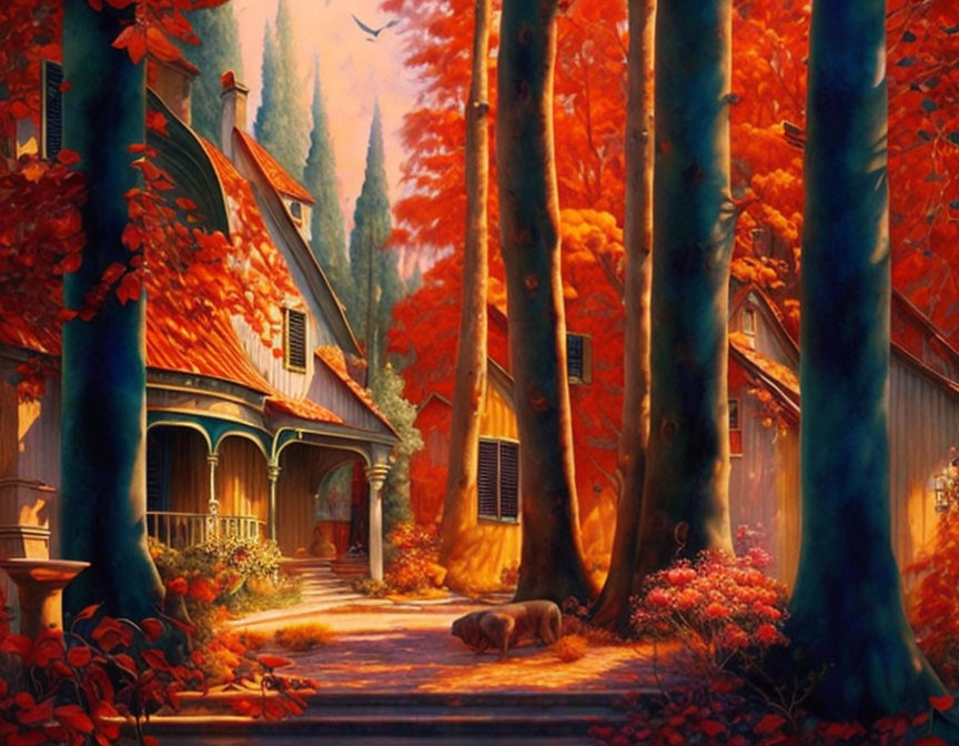 Fiery autumn trees, cozy cottage, wandering cat in sunlight