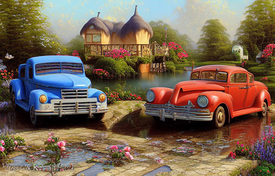 Vintage Cars Painting: Blue and Red by Cobblestone Bridge and Thatched Roof Cottage