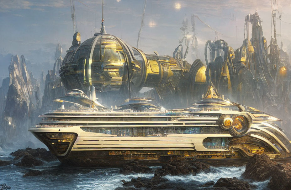 Golden Futuristic Cityscape with Spaceship, Misty Waters, and Glowing Sky