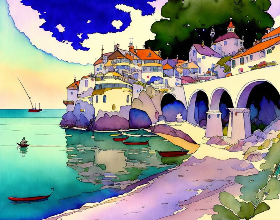 Vibrant watercolor painting of whimsical coastal village