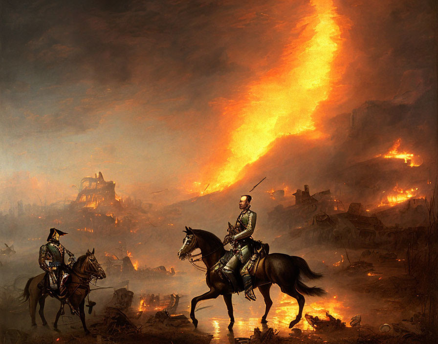 Military soldiers on horseback overlooking burning cityscape.