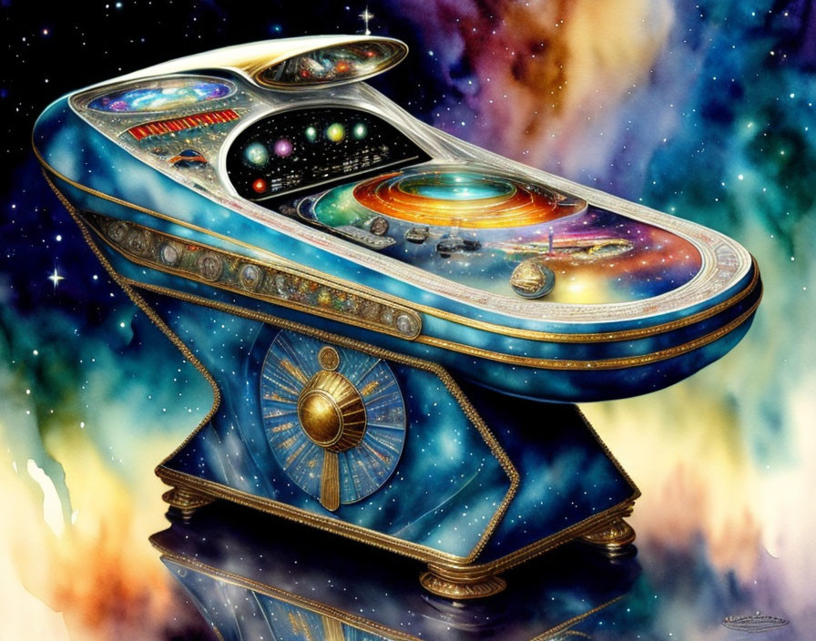 Colorful Cosmic Pinball Machine in Space with Planetary and Galaxy Designs