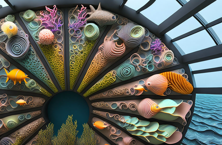 Vibrant sea creatures and coral in stylized wall art against geometric skylight backdrop