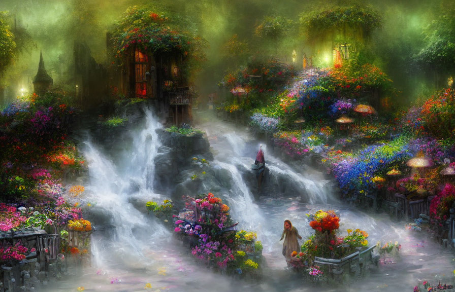 Enchanting garden with vibrant flowers, waterfalls, and figures in golden light