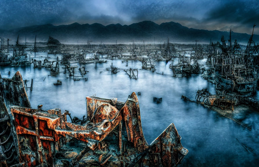 Derelict shipyard with decaying boats and misty mountains in blue tones