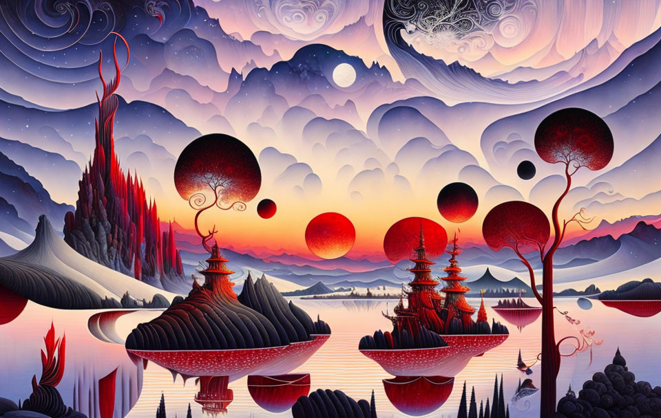 Fantasy landscape with whimsical mountains, red-pagoda-like trees, moons, and swirling clouds