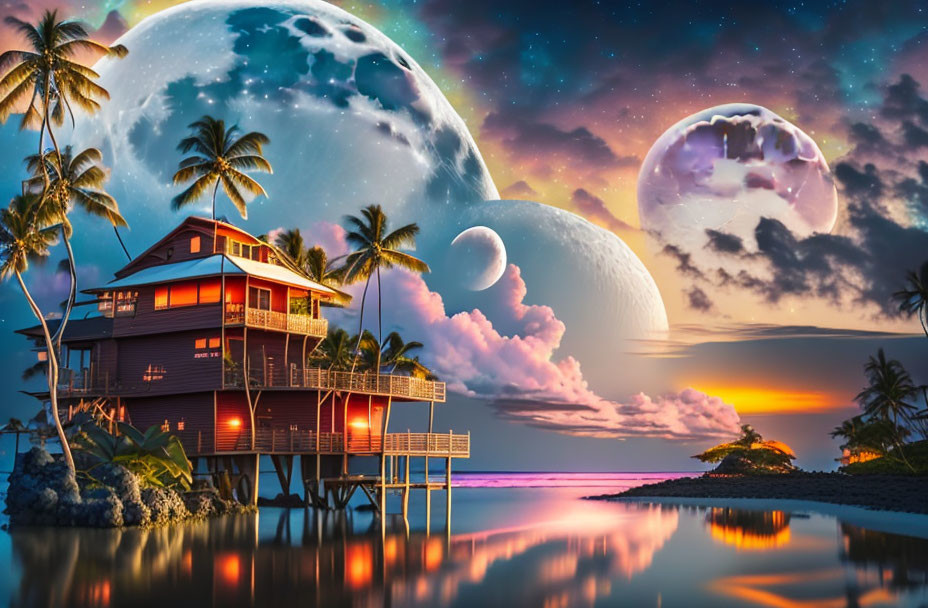 Surreal tropical scene with stilted house, moons, sunset, ocean, and starry