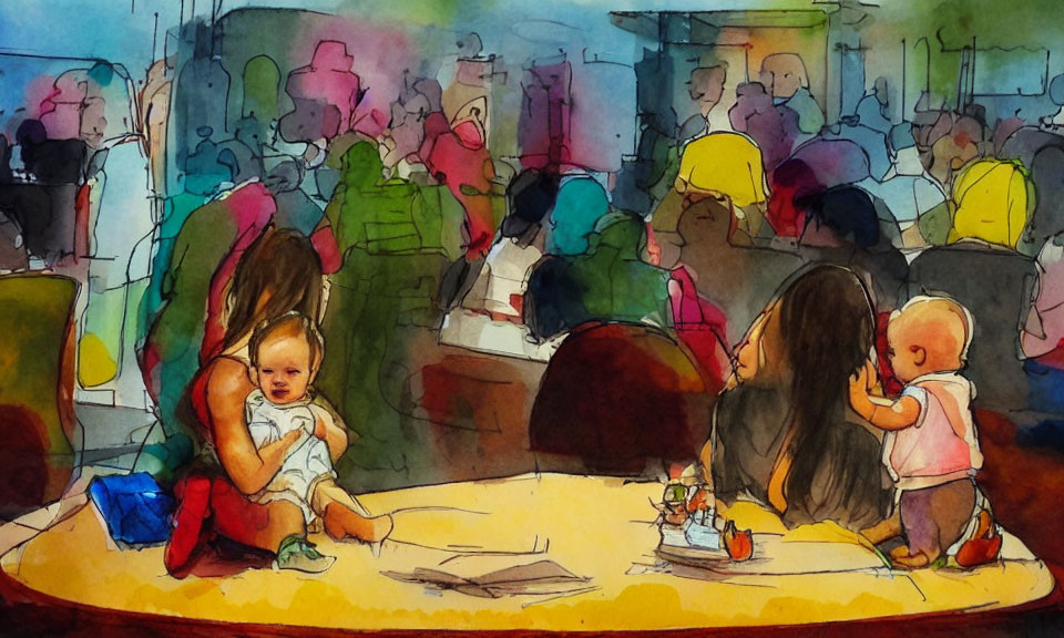 Colorful Watercolor Painting of Bustling Cafe Scene with People and Abstract Shapes