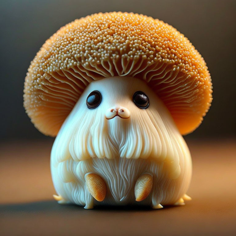 Stylized illustration of fluffy white dog and orange mushroom creature