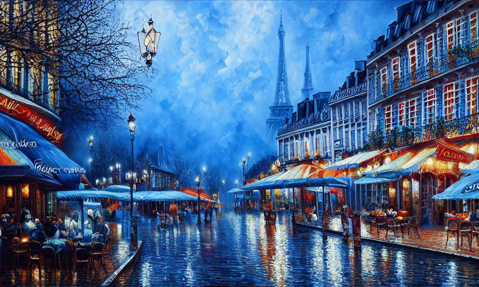 Vibrant painting of Paris evening: street-side cafes, wet cobblestone, Eiffel