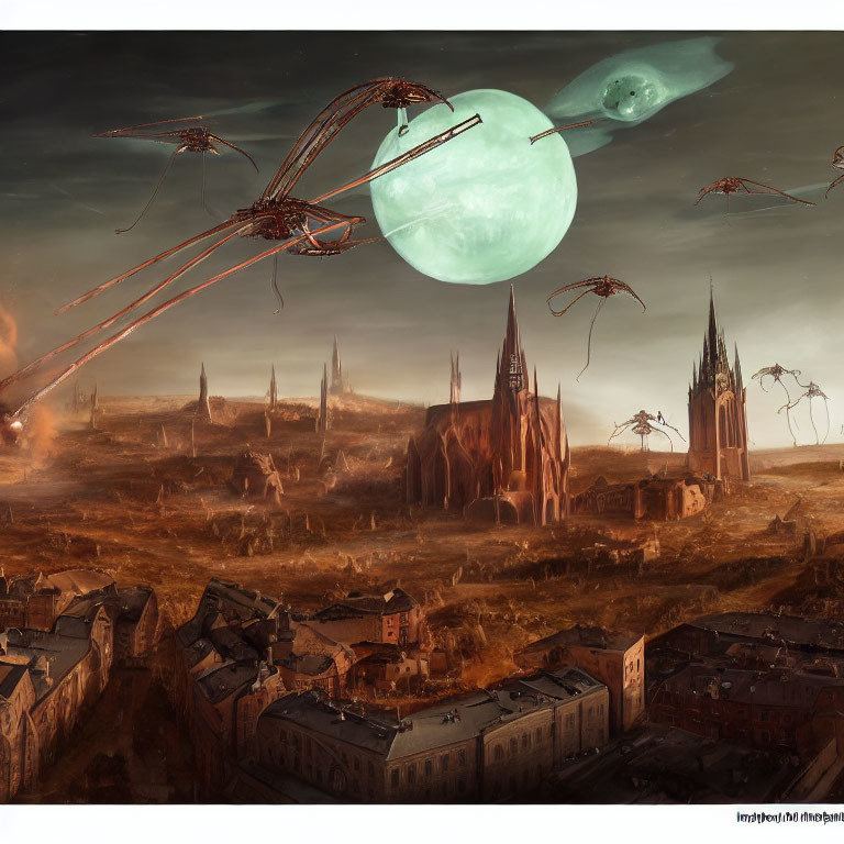 Dystopian landscape with alien tripods and eerie green moons