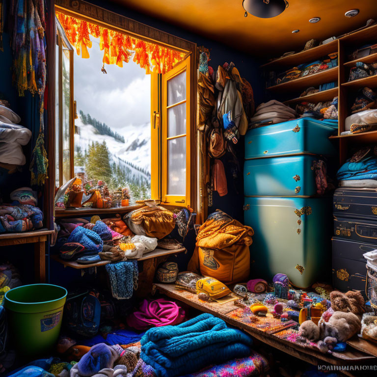 Colorful Clothing and Teal Chest of Drawers in Cozy Room