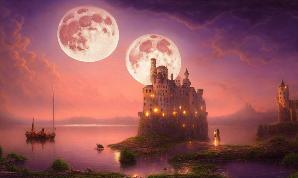 Castle on Islet with Lit Windows at Dusk and Two Moons