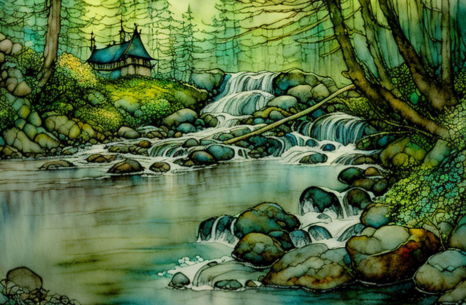 Tranquil Watercolor Painting of Forest Stream