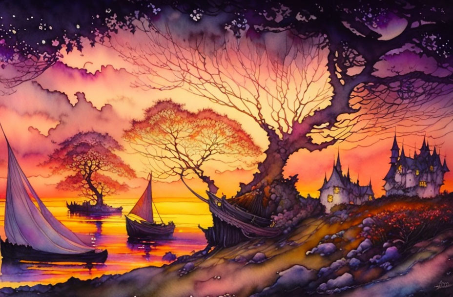 Serene watercolor landscape: dusk, silhouetted trees, sailboats, distant castle,