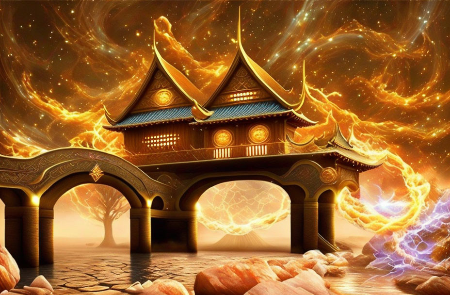 Thai-style Temple with Golden and Blue Accents Amid Surreal Fire and Lightning