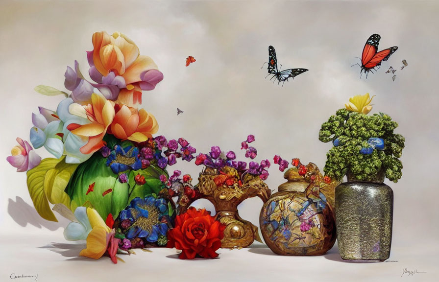 Colorful Flowers in Vases with Butterflies on Neutral Background