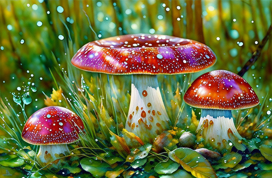 Vibrant red mushrooms with white spots in lush greenery.