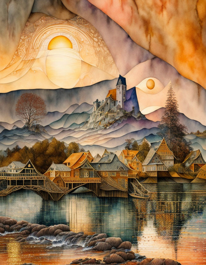 Surreal painting of tranquil village, castle, moons, and eye patterns