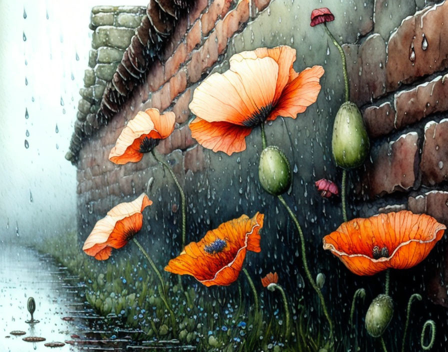 Vibrant red poppies with raindrops on a brick wall backdrop.