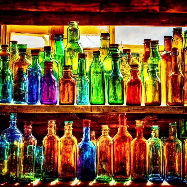 Vibrant glass bottles on shelves with sunlight creating stained-glass effect