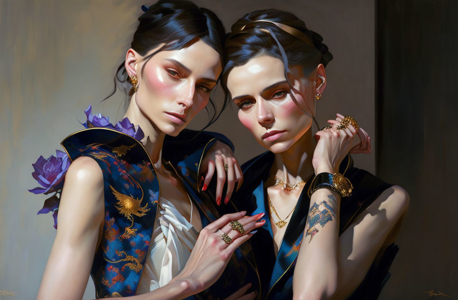 Two women with elegant hairstyles and jewelry in warm, soft-lit setting