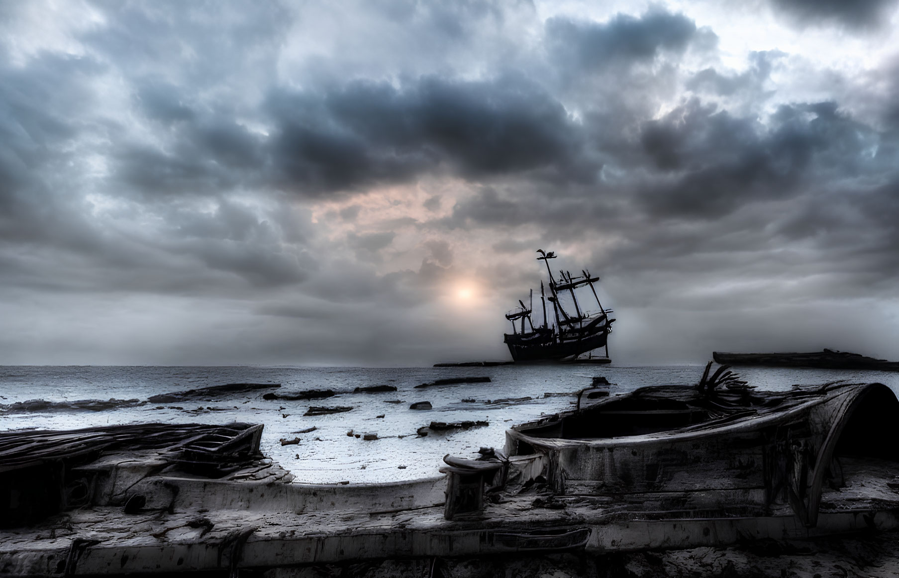 Ship silhouette against sunset sky with wreckage and soft sun glow