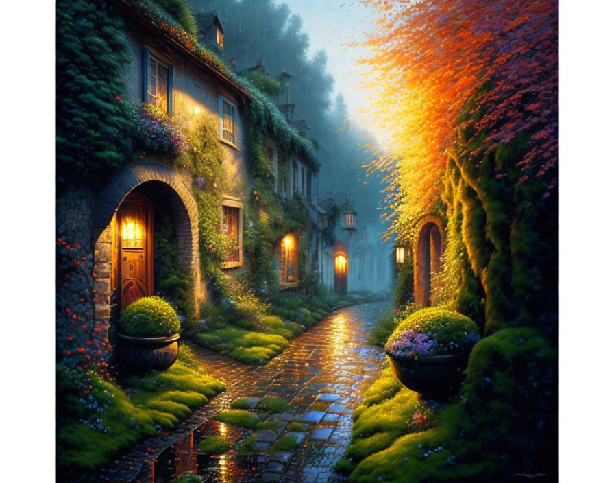 Cobblestone Street with Quaint Houses and Twilight Sky