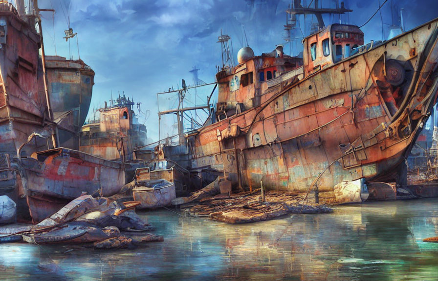 Abandoned Shipyard with Rusted Ships and Debris