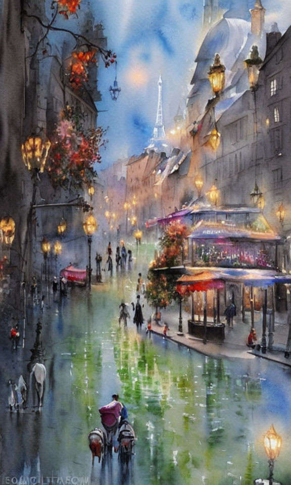 Rainy Parisian street at twilight with Eiffel Tower, charming buildings, horse-drawn carriage