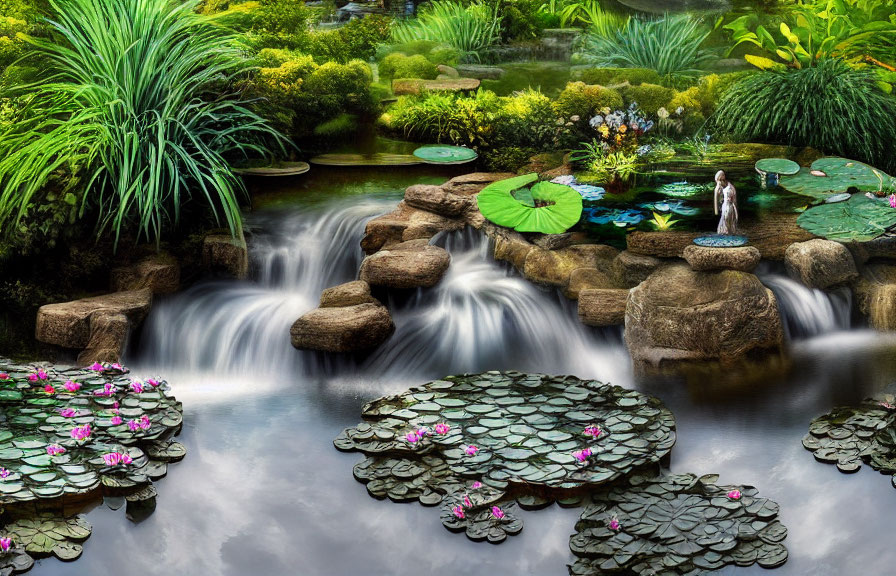 Tranquil garden pond with lush greenery and waterfall