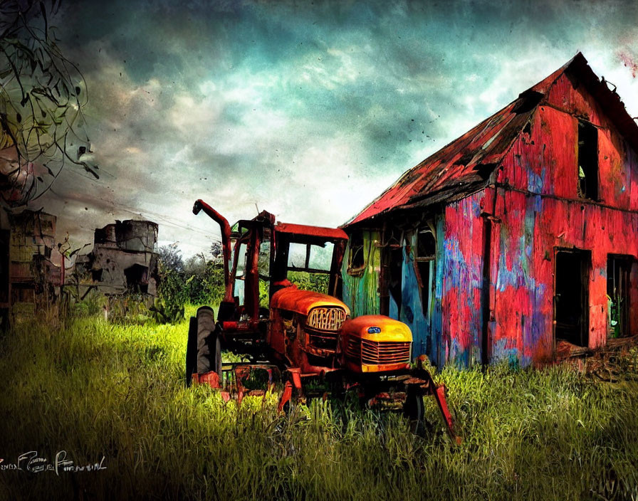 Rustic red tractor and barn under dramatic sky with lush greenery