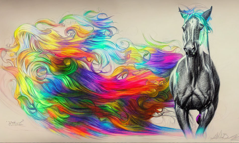 Vibrant multicolored mane and tail on a black horse against neutral backdrop