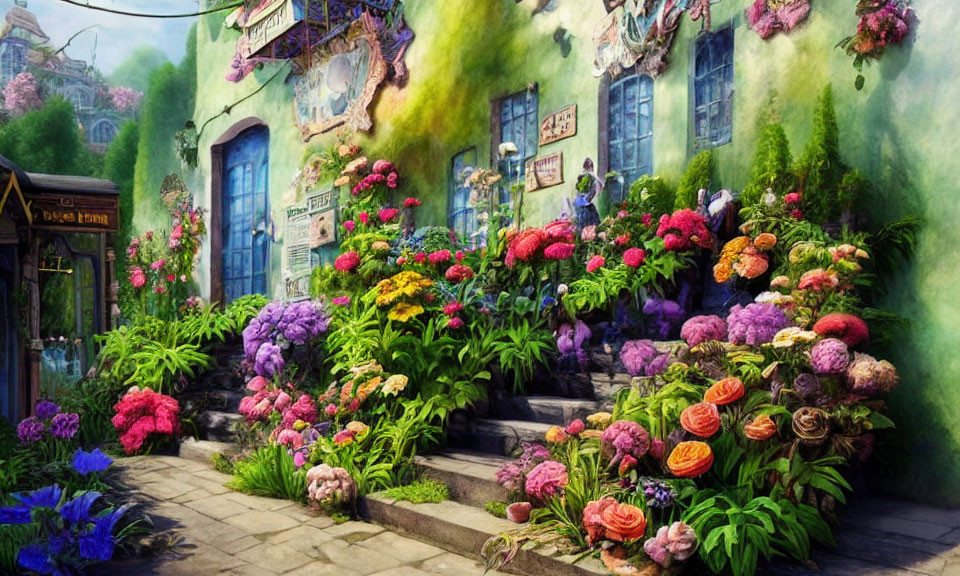 Colorful Flowers and Stone Steps Leading to Quaint Buildings in a Vibrant Garden