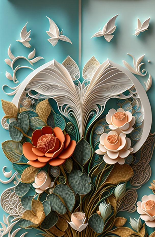 Detailed paper art with flower, leaves, swirls, birds, and botanical elements from open book