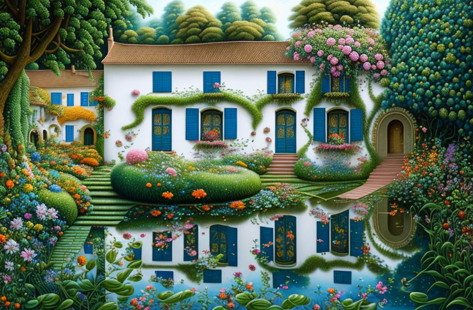 Detailed whimsical house illustration with vibrant gardens