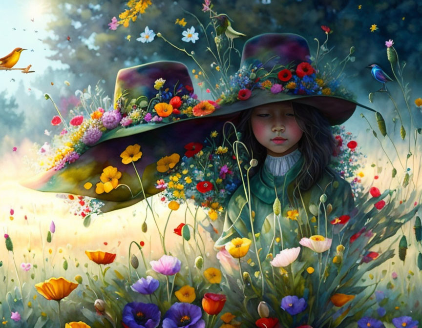 Young girl in oversized floral hat surrounded by colorful meadow flowers.