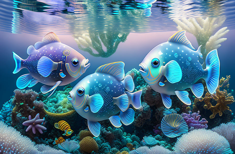 Vibrant Cartoon Fish Swimming by Coral Reef in Colorful Illustration