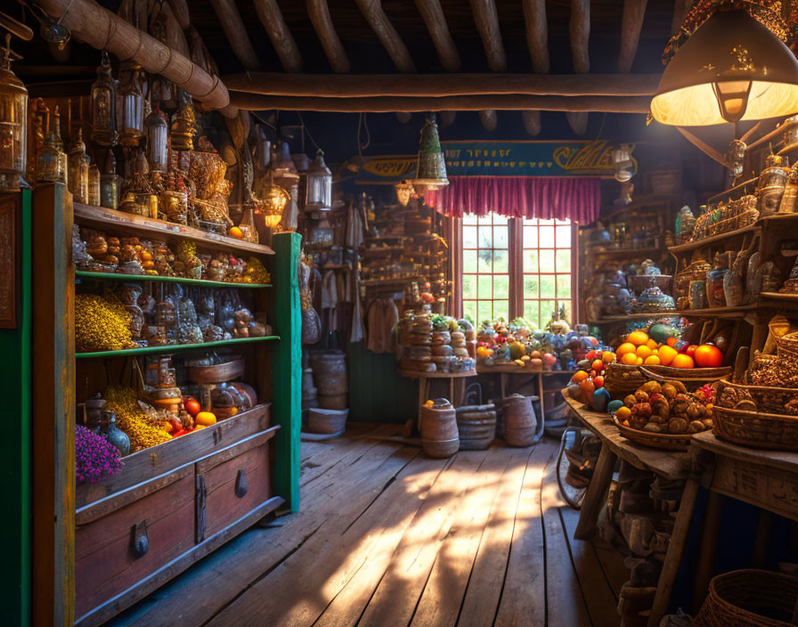 Cozy Shop Interior with Jars, Fruits, Dim Lighting & Wooden Furniture