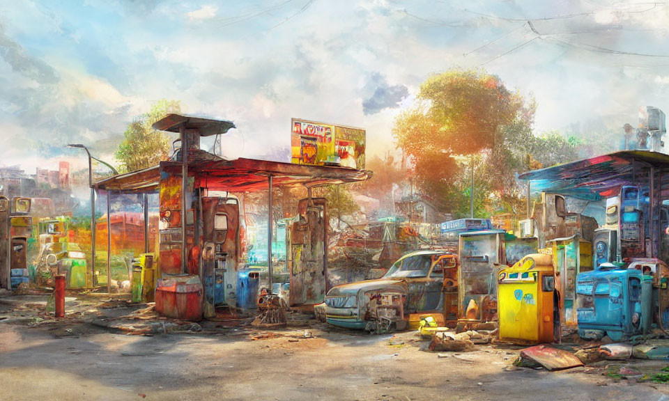 Abandoned gas station with vintage pumps and cars amid dilapidated surroundings